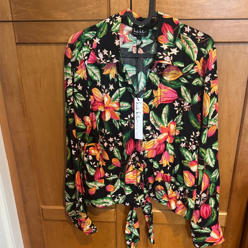 Nicole Miller Orange Tie Front Mandarin Collar Blouse